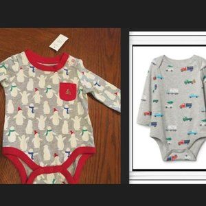 2 NWT BABY GAP LONG SLEEVE WINTER ONE  PIECE 0-3 MONTHS BOYS PENGUIN GRAY TRUCK